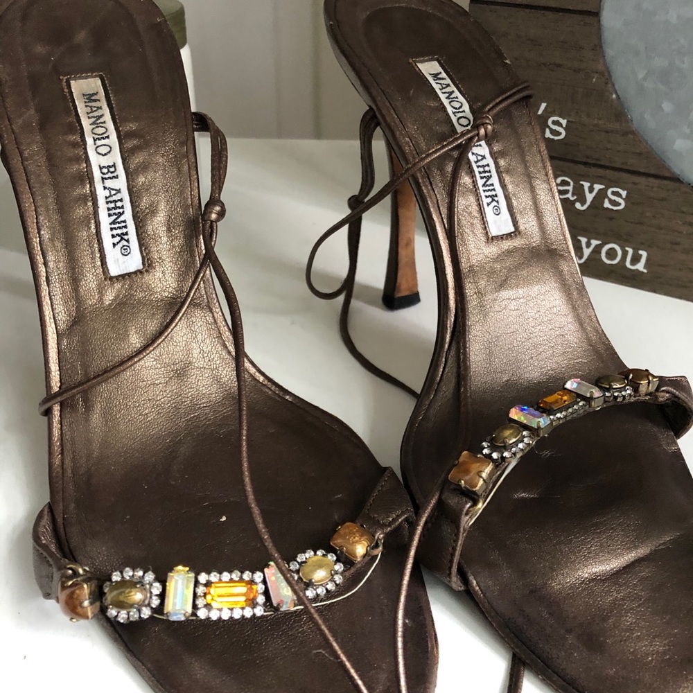 Manolo Blahnik Size 38 Bronze Crystal Strap Heels